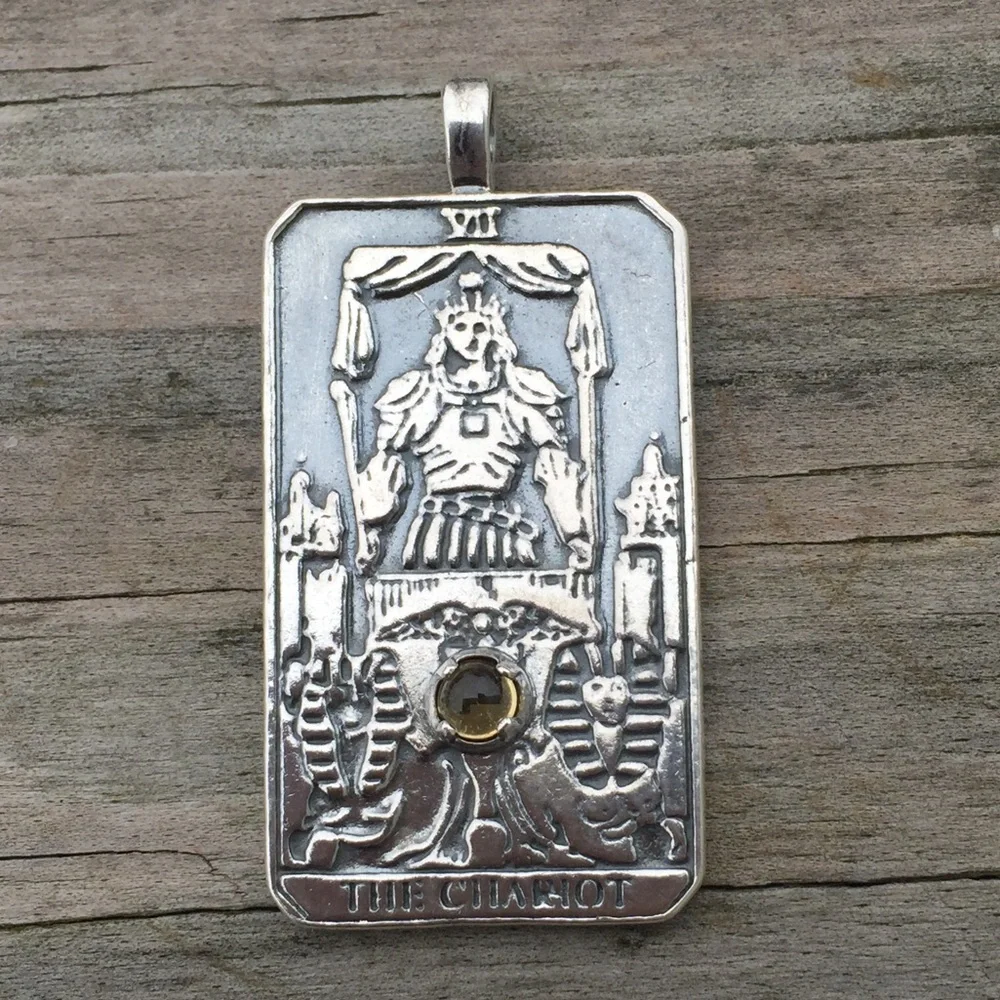 Chariot Tarot Card Pendant .925 Sterling Silver w/ genuine Citrine made in USA - Picture 1 of 9